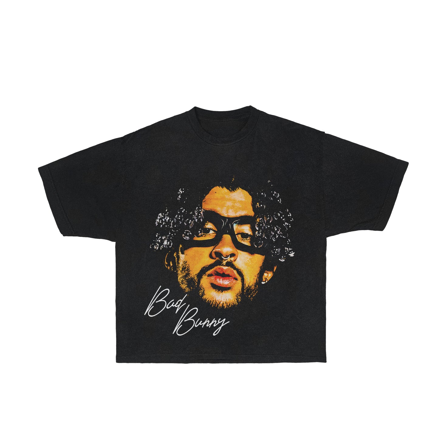 A Bad Bunny Graphic Tee, part of our Graphic Tees Collection for men. The black graphic tee features a vintage-inspired design with an oversized fit, paying homage to the reggaeton sensation's unique style. This affordable and chic cheap graphic t-shirt is a statement of music and self-expression, ideal for expressing admiration for Bad Bunny.