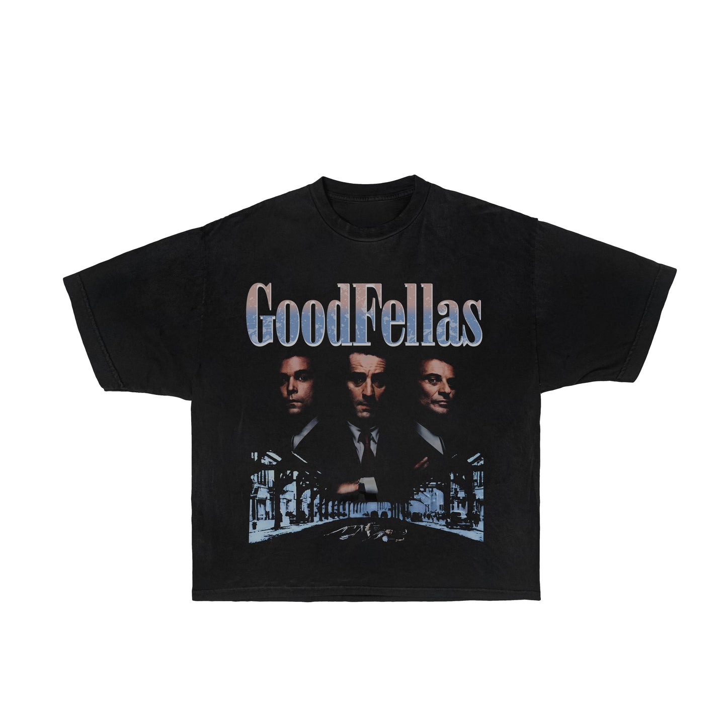 A black t-shirt with a graphic featuring iconic scenes from the 'Goodfellas' movie, depicting characters and elements of the Mafia underworld.