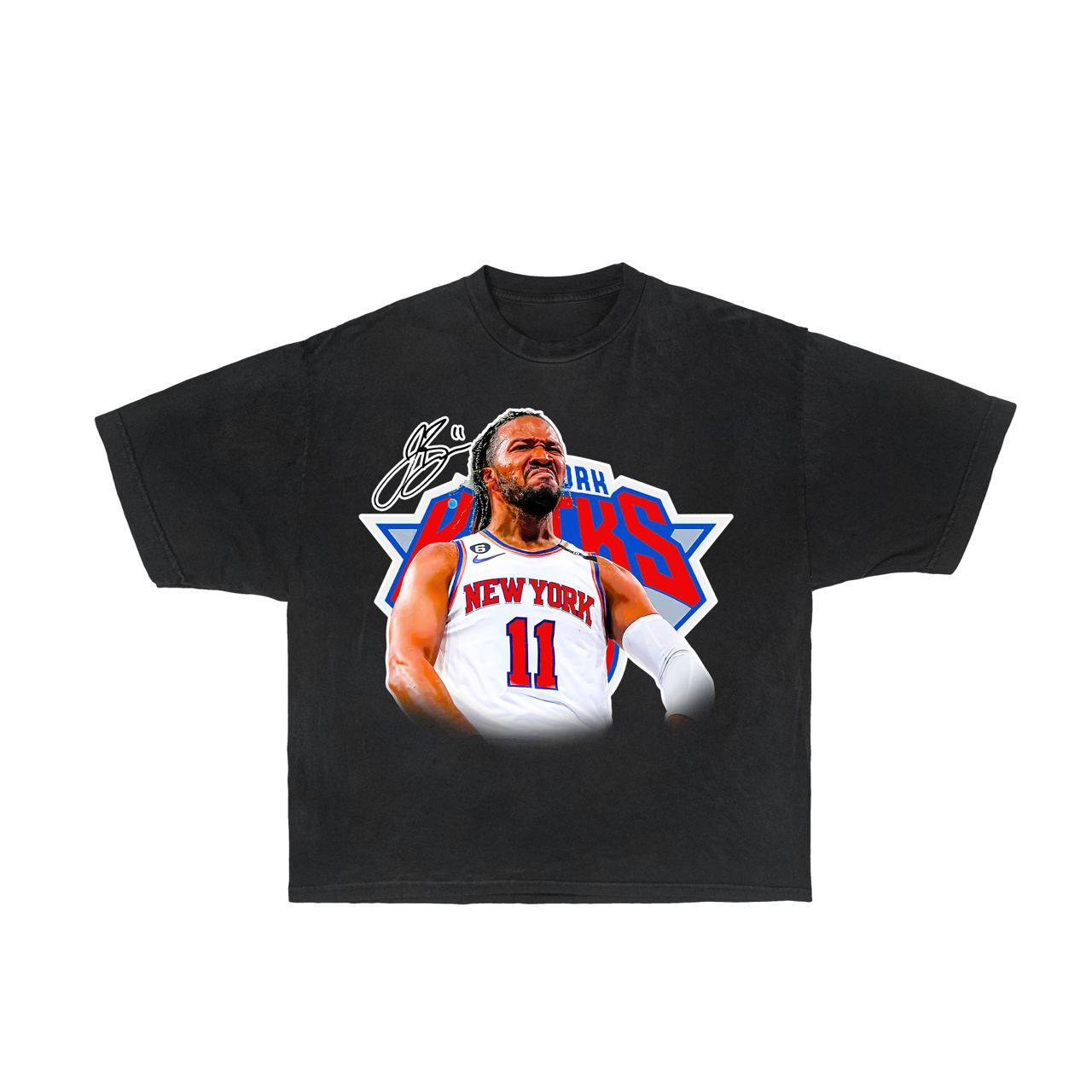 Jalen Brunson New York Knicks graphic t-shirt featuring a dynamic action image and team colors.