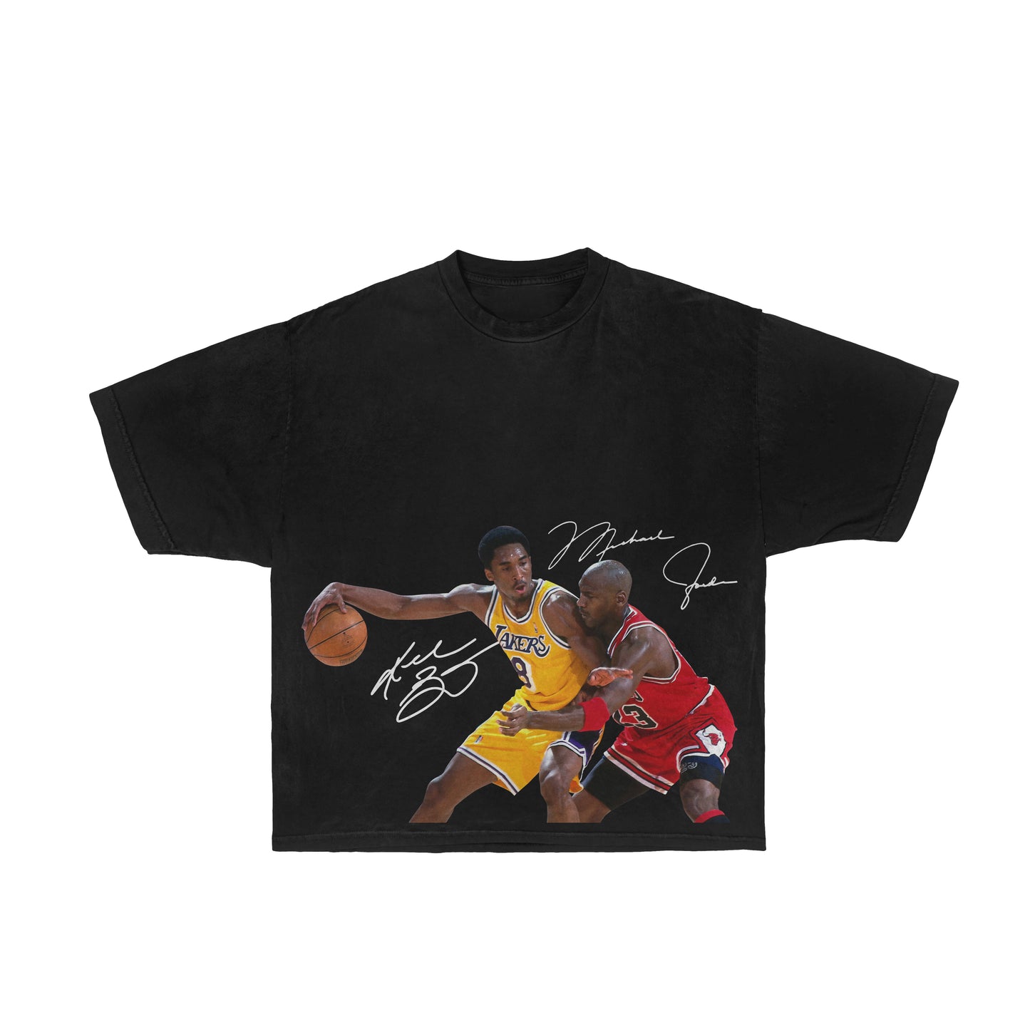 Image description: A graphic tee featuring an iconic moment of Kobe Bryant posting up against Michael Jordan on the basketball court. This comfortable Kobe vs. Jordan graphic tee is a must-have for fans looking to celebrate the dynamic meeting of two basketball legends, capturing the essence of their on-court greatness.