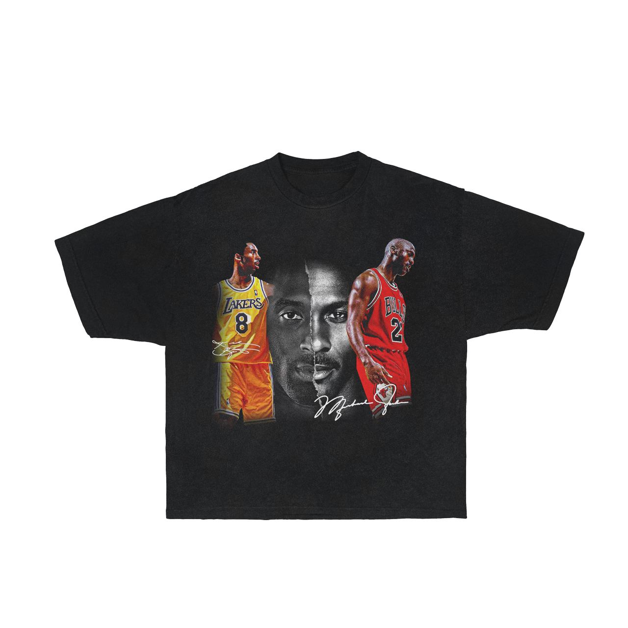 Kobe Bryant vs. Michael Jordan graphic t-shirt featuring iconic basketball action image.